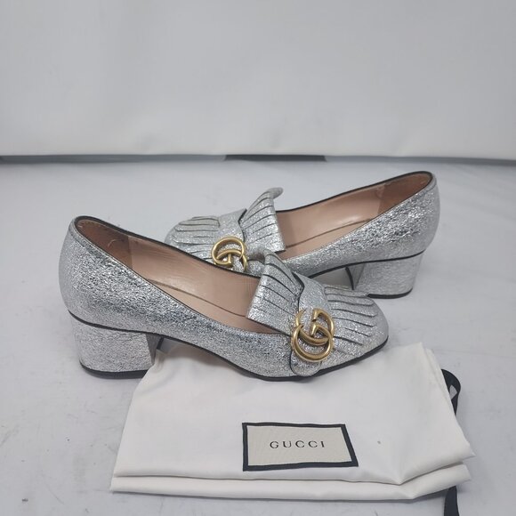 Gucci Marmont Silver Metallic GG Heel Loafer Pump - Picture 5 of 13